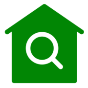 Green house icon with magnifying glass.